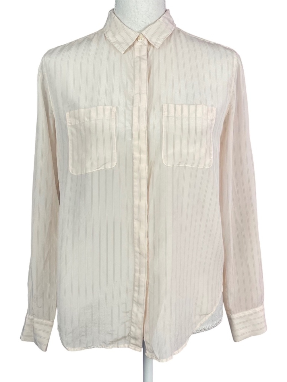 100% Silk Pinstriped Blouse S Ann Taylor Blush Pink Georgette Button-up Shirt
